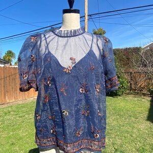 Anthropologie Othilia Isigny Embroidered Sheer Blue Women's Top